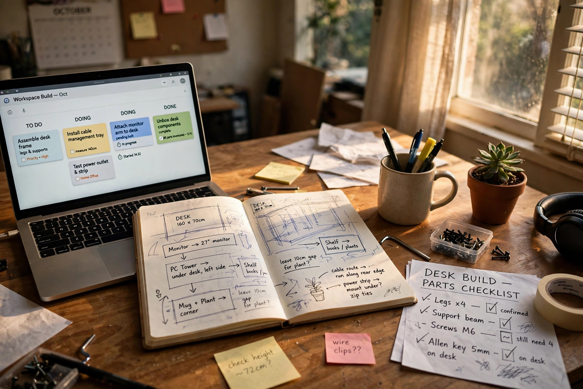 Desk mid-build: laptop, notebook sketches, and a mug in warm afternoon light